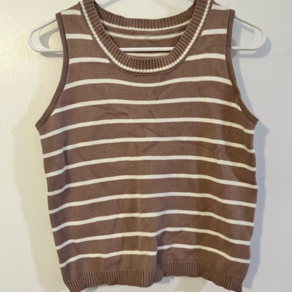 Striped Brown and White Sleeveless Sweater